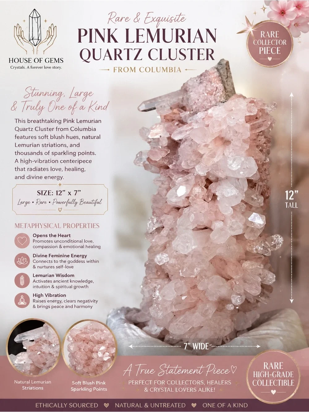 Pink Lemurian Quartz Cluster - Columbia Rare Large Cluster High Quality